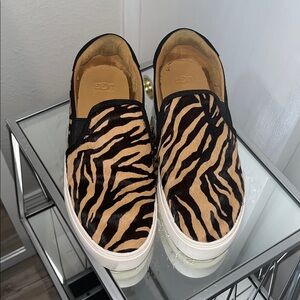 UGG Black and Tan Animal Print Slip-On Shoes
